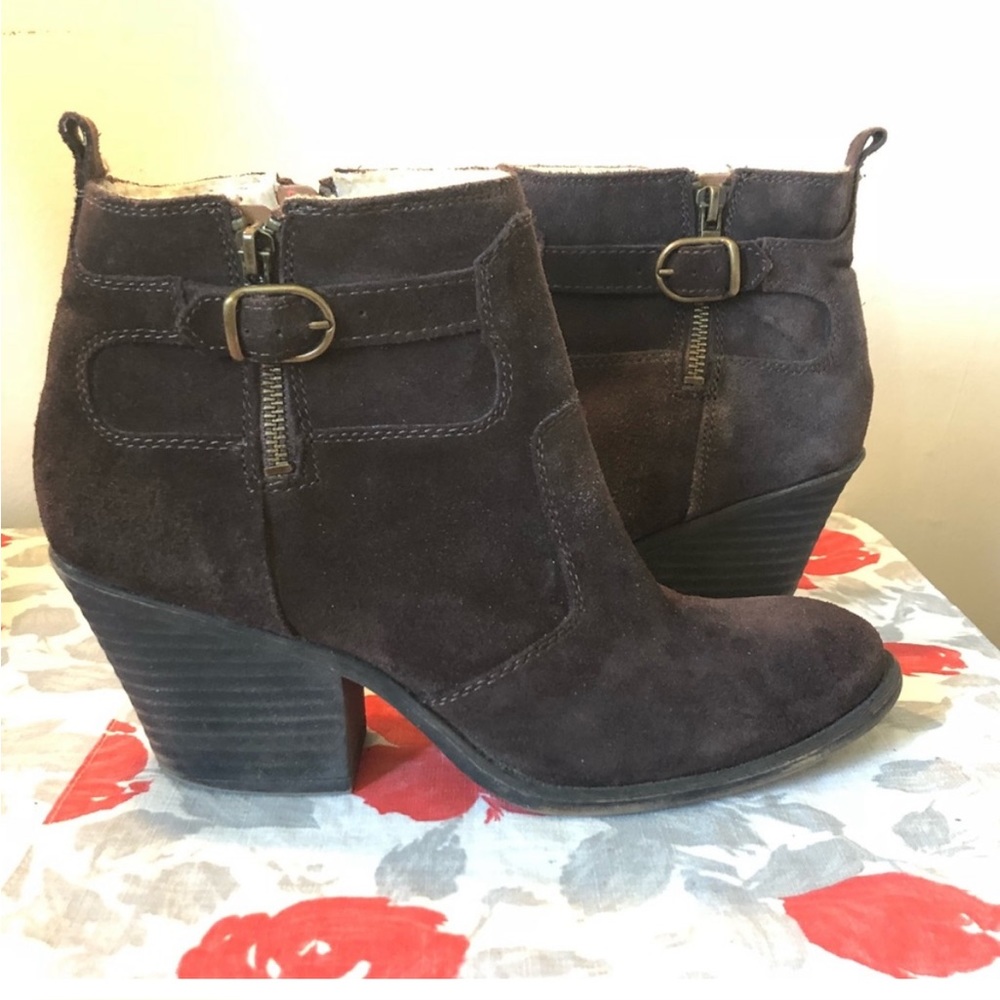 Lucky Brand 10 Women's Ankle Bootie Heeled Brown Suede Western Boho Classic Fall